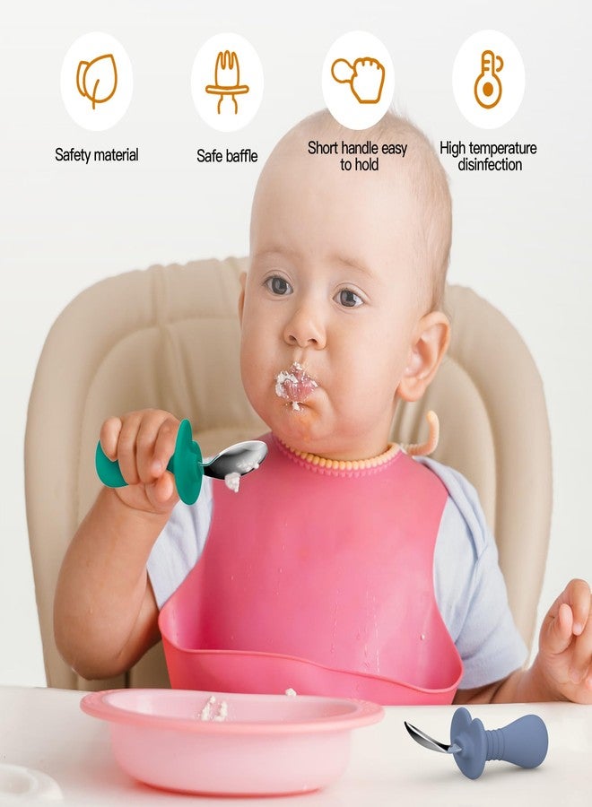 SFCCMM 2 Pcs Baby Spoons Toddler Spoons for Self Feeding, Kids Spoons with Silicone Round Handle, Stainless Steel Toddler Utensils Children Safe Silverware Set, Anti-Choke Design, BPA Free - Green Blue - Image 2